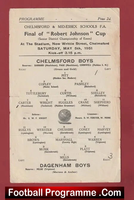 Chelmsford Boys v Dagenham Boys 1951 – Schoolboys Cup Final