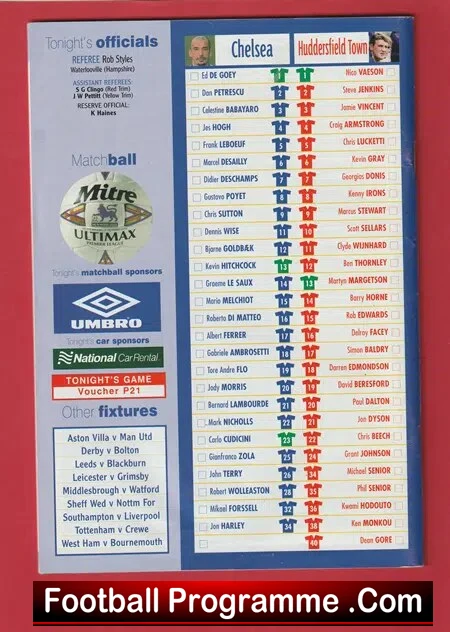 Chelsea v Huddersfield Town 1999 - Multi Autographed SIGNED
