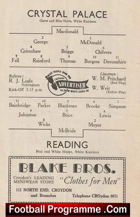 Crystal Palace v Reading 1952