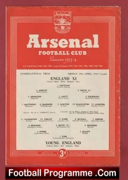 England v Young England 1954 - At Arsenal + Duncan Edwards - football programme