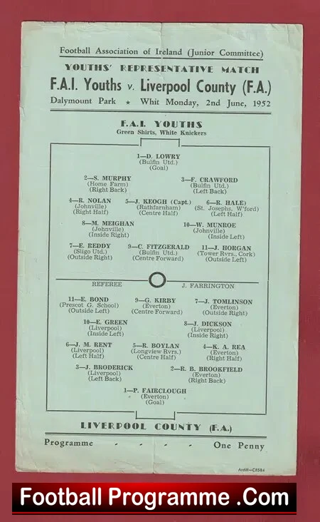 FAI Youths v Liverpool County 1952 – Youth Match Dublin Ireland