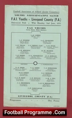 FAI Youths v Liverpool County 1952 – Youth Match Dublin Ireland
