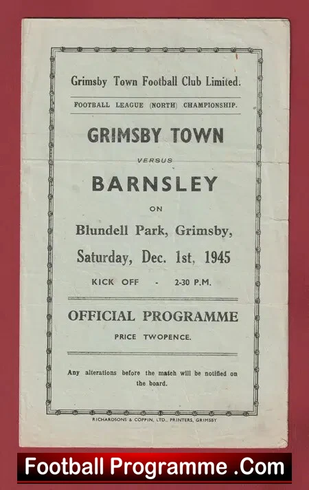 Grimsby Town v Barnsley 1945 - War Time Programme