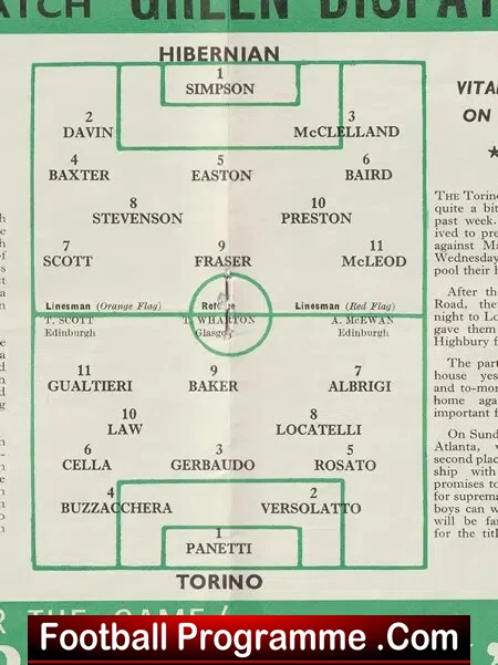 Hibernian Hibs v Torino 1961 - Denis Law - Italy