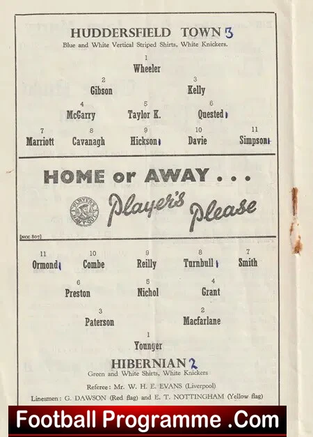 Huddersfield Town v Hibernian Hibs 1956 - Scottish Team