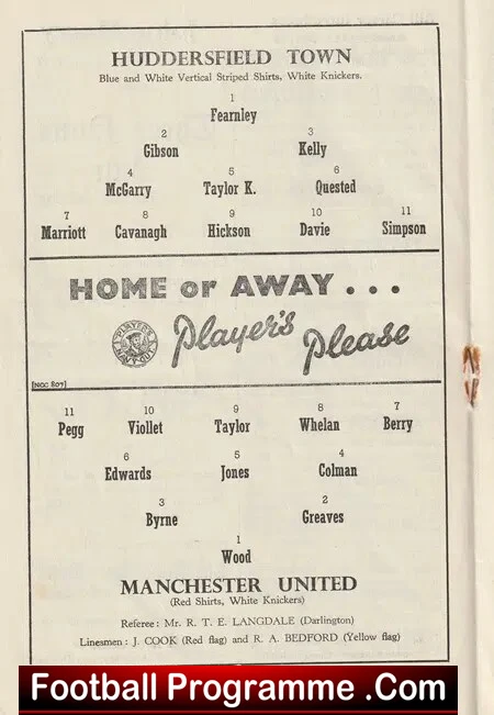 Huddersfield Town v Manchester United 1956 - Man Utd Busby Babes - football programme