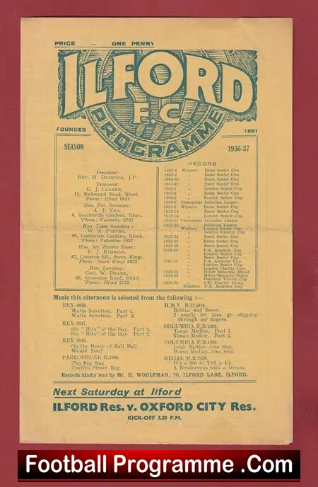 Ilford v Clapton 1936 - 1930s Old Football Programme