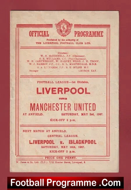 Liverpool v Manchester United 1947 – 1940s Programme Anfield