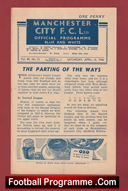 Manchester City v Manchester United 1946 – 1940’s Programme