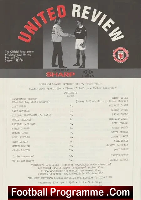 Manchester United v Aston Villa 1994 – Reserves + Beckham