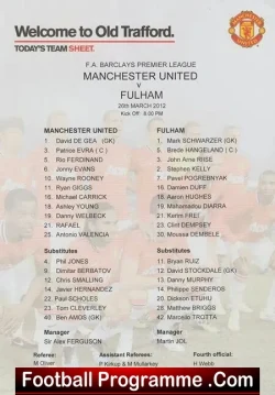 Manchester United v Fulham 2012 - Team Sheet - football memorabilia