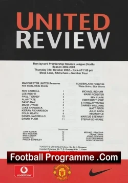Manchester United v Sunderland 2002 - Reserves - football programme