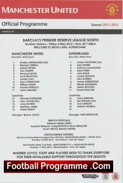 Manchester United v Sunderland 2012 - Reserves - football programme