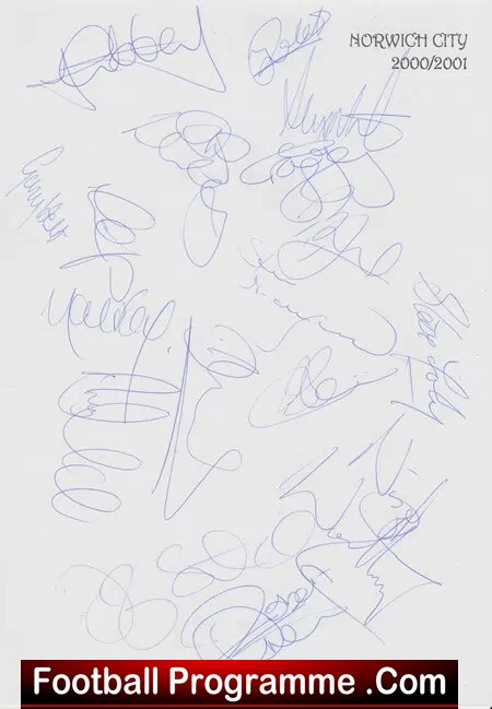 Norwich City Football Club Multi Signed Autograph 2000/01