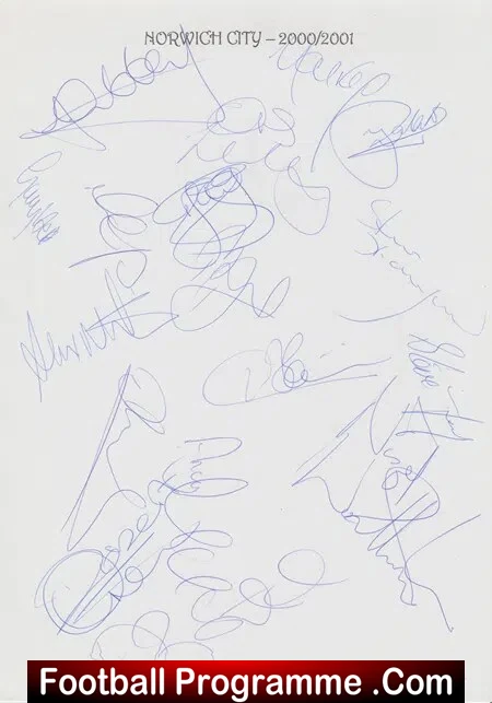 Norwich City Football Club Multi Signed Autograph 2000/01