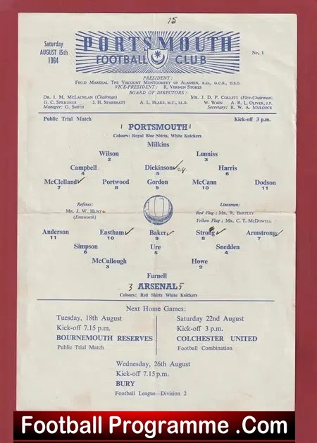 Portsmouth v Arsenal 1964 - Trials Match - Single Sheet