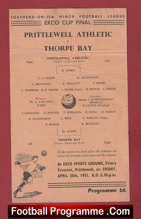 Prittlewell Athletic v Thorpe Bay 1951 – Cup Final – Southend