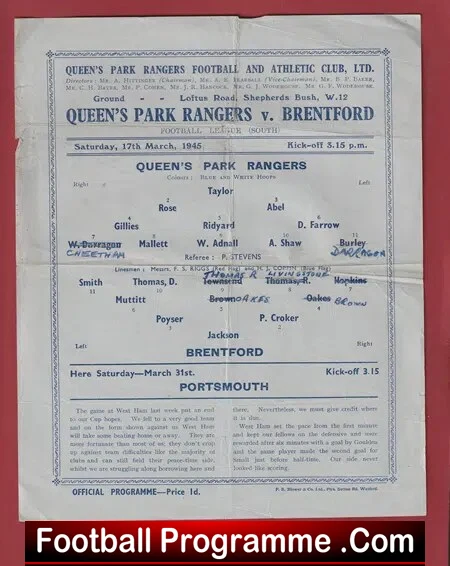 Queens Park Rangers v Brentford 1945 – QPR