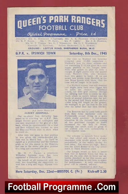 Queens Park Rangers v Ipswich Town 1945 + Sheet