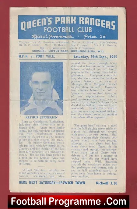 Queens Park Rangers v Port Vale 1945 – QPR
