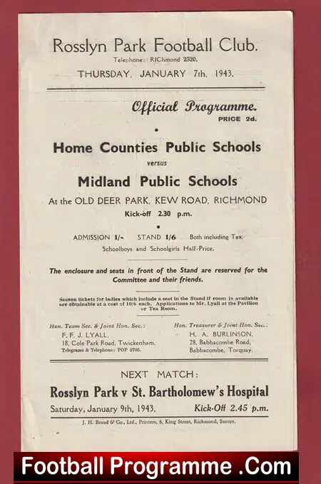 Rosslyn Park Football Home Counties v Midland Public School 1943