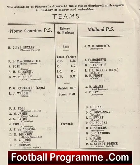 Rosslyn Park Football Home Counties v Midland Public School 1943