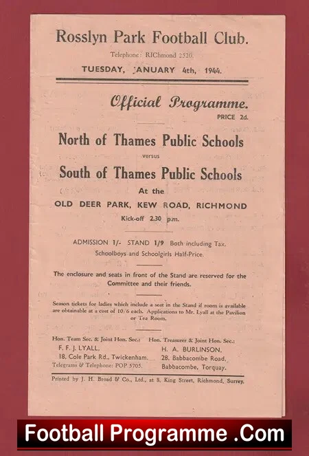 Rosslyn Park Football North Thames v South Thames Schools 1944