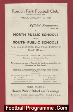 Rosslyn Park Football Northern Public Schools v Southern 1943 - rugby programme