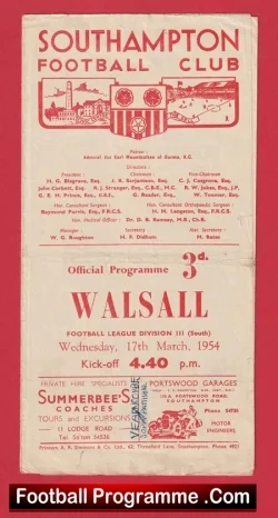 Southampton v Walsall 1954 - football programme