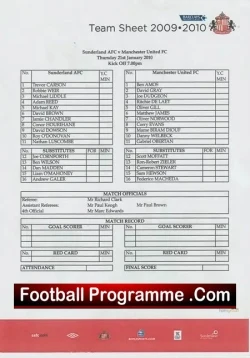 Sunderland v Manchester United 2010 - Reserves - football programme