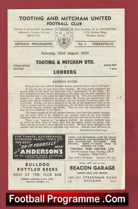 Tooting Mitcham United v Lohberg 1959 – Germany Friendly Match