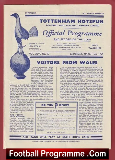 Tottenham Hotspur v Cardiff City 1954