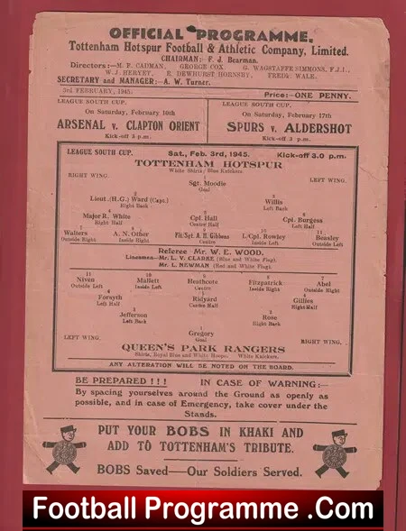 Tottenham Hotspur v QPR 1945 – War Time Programmes