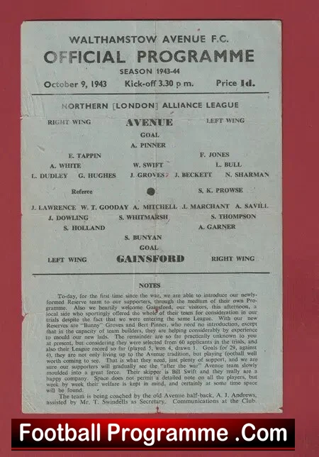 Walthamstow Avenue v Gainsford 1943 – War Time Issue 1940s