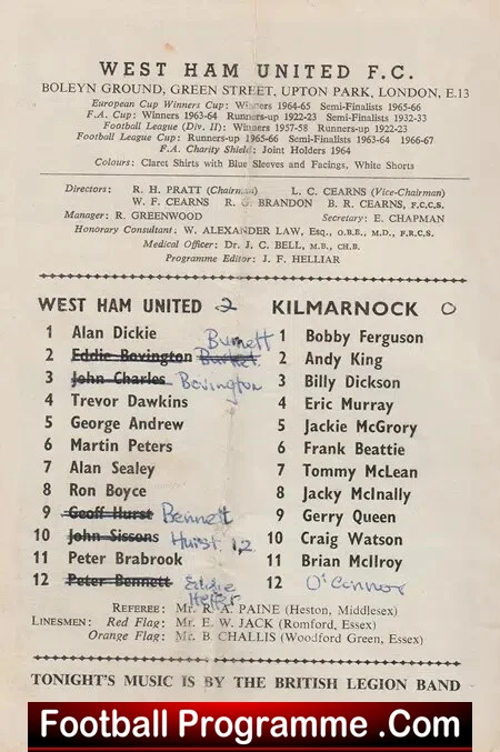 West Ham United v Kilmarnock 1967 - Friendly Match