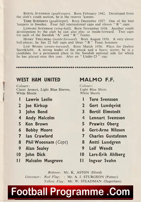 West Ham United v Malmo FF 1961 - Friendly Match Sweden Team