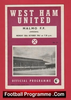 West Ham United v Malmo FF 1961 - Friendly Match Sweden Team - football programme
