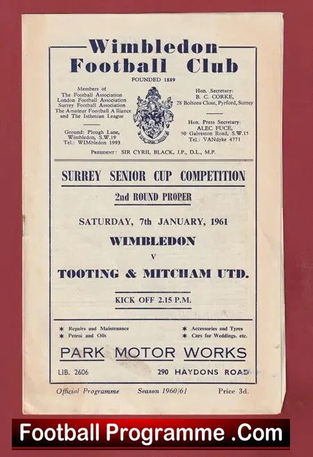 Wimbledon v Tooting Mithcham United 1961 – Surrey Senior Cup