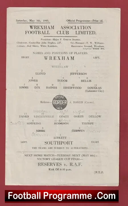 Wrexham v Southport 1945 – War Time Football Programme