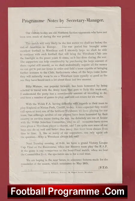 Wrexham v Southport 1945 - War Time Football Programme
