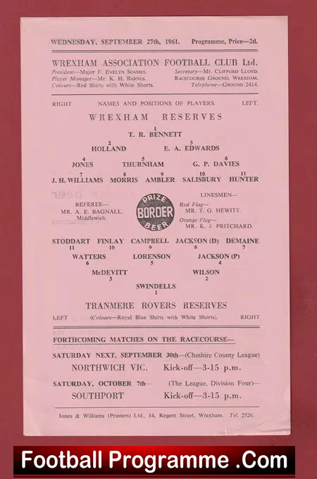 Wrexham v Tranmere Rovers 1961 – Reserves Match