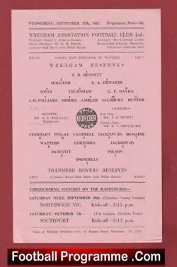 Wrexham v Tranmere Rovers 1961 – Reserves Match