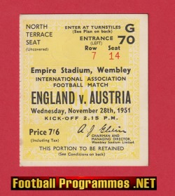 England v Austria 1951 – Football Ticket 1950’s