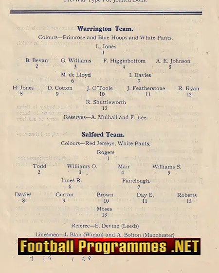 Warrington Rugby v Salford 1946