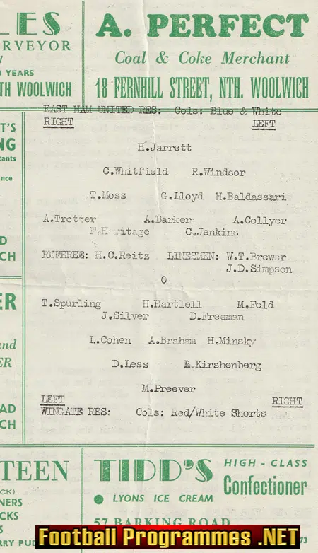 East Ham United v Wingate 1958 - Reserves Match