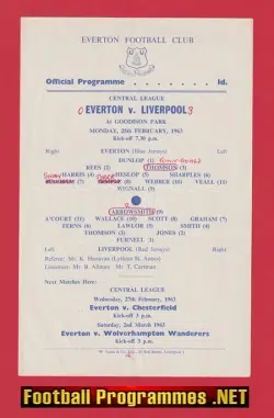 Everton v Liverpool 1963 - Central League Match Single Sheet