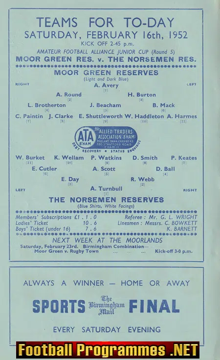 Moor Green v The Norsemen 1952 - Reserves Match