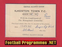 Ilkeston Town Football Club Press Ticket League Cup Final 1957
