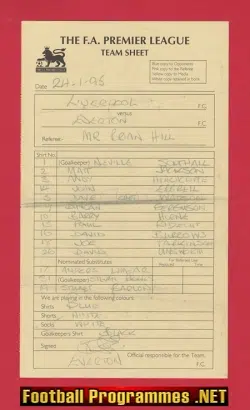 Liverpool v Everton 1995 - Referee Genuine Team Sheet EV