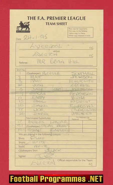 Liverpool v Everton 1995 - Referee Genuine Team Sheet EV